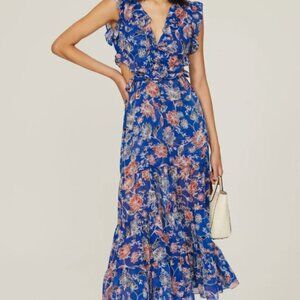 $395 MISA Los Angeles Women's Blue Natasha Cut-Out Ruffled Midi Dress Size S